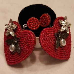 Beaded Rhinestone Heart Earrings
